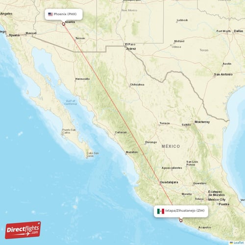 Phoenix - Ixtapa/Zihuatanejo direct flight map