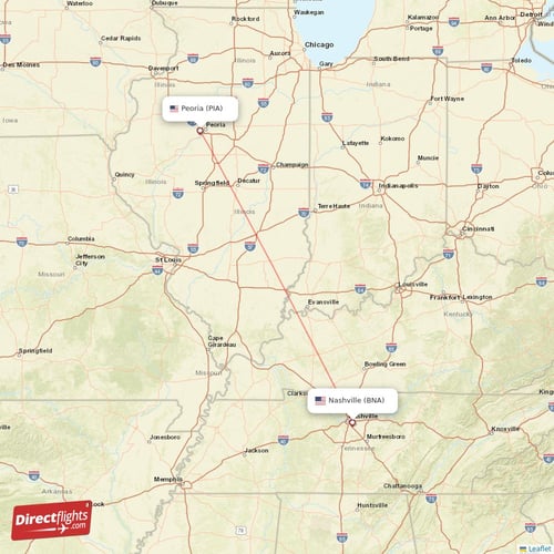 Peoria - Nashville direct flight map