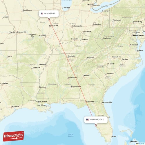 Peoria - Sarasota direct flight map