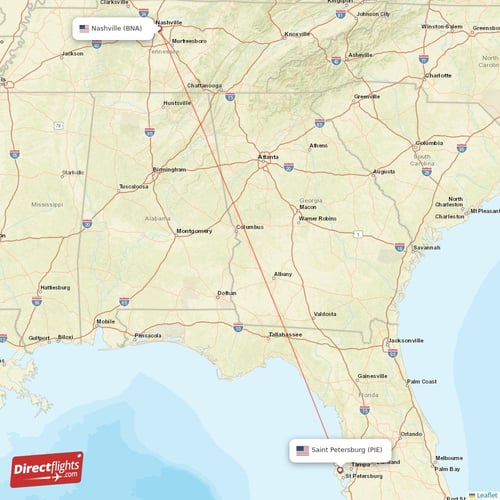 Saint Petersburg - Nashville direct flight map