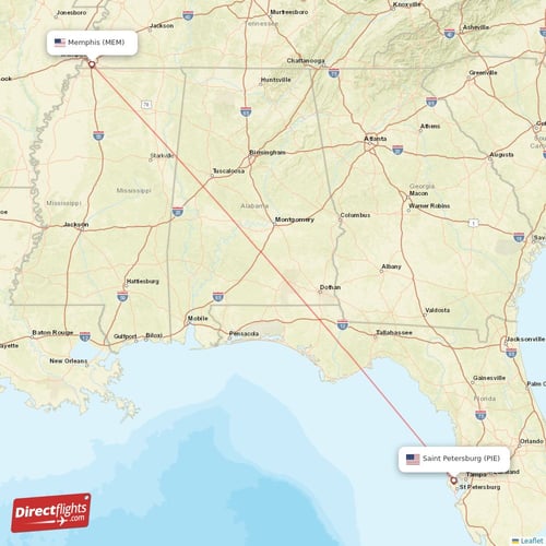 Saint Petersburg - Memphis direct flight map