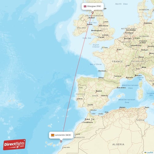 Glasgow - Lanzarote direct flight map