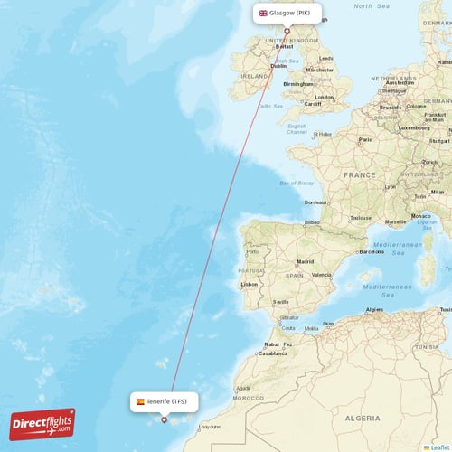 Glasgow - Tenerife direct flight map