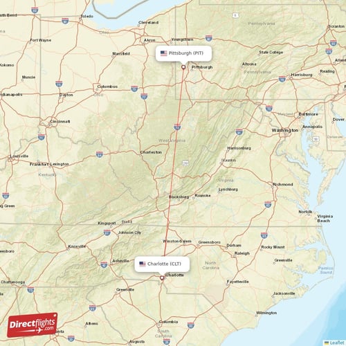 Pittsburgh - Charlotte direct flight map