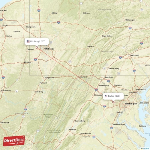 Pittsburgh - Dulles direct flight map
