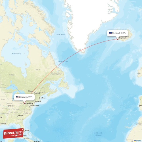 Pittsburgh - Reykjavik direct flight map