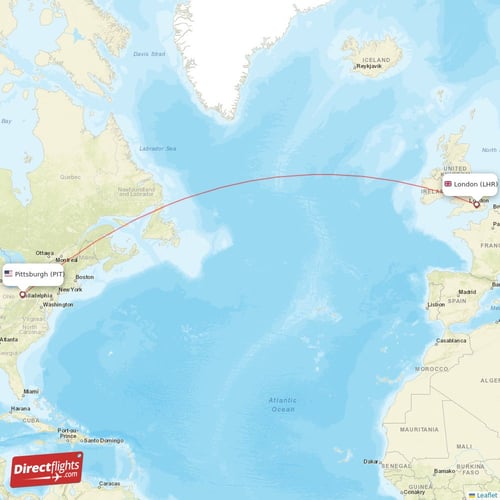 Pittsburgh - London direct flight map