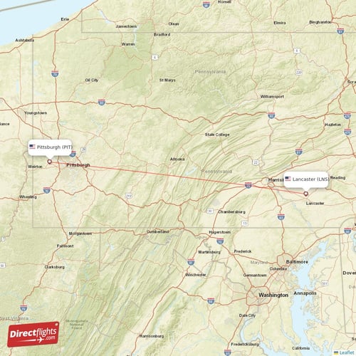 Pittsburgh - Lancaster direct flight map
