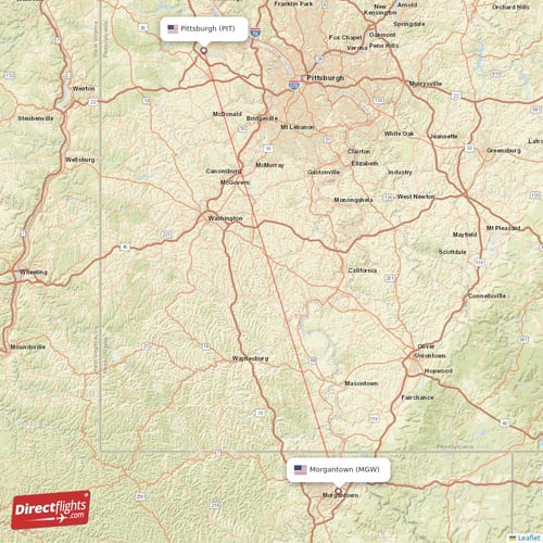 Pittsburgh - Morgantown direct flight map