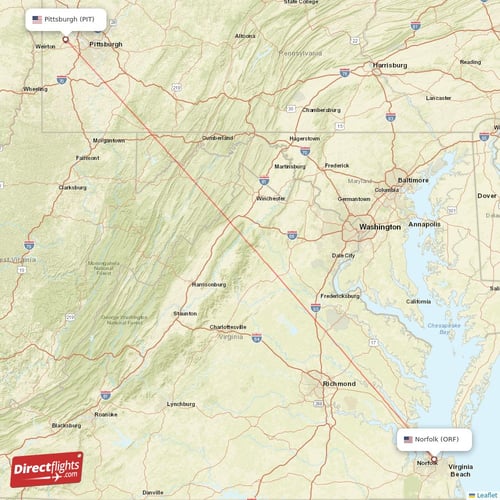 Pittsburgh - Norfolk direct flight map