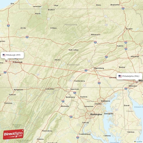 Pittsburgh - Philadelphia direct flight map