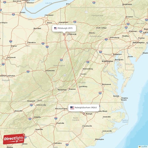 Pittsburgh - Raleigh/Durham direct flight map