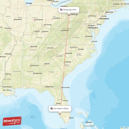 Pittsburgh - Fort Myers direct flight map