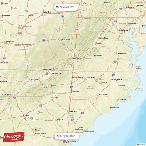 Pittsburgh - Savannah direct flight map