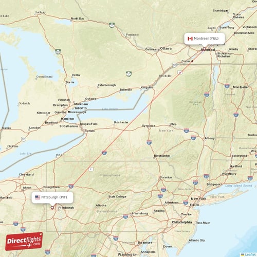 Pittsburgh - Montreal direct flight map