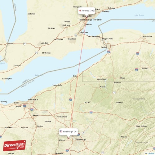 Pittsburgh - Toronto direct flight map