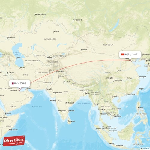 Beijing - Doha direct flight map