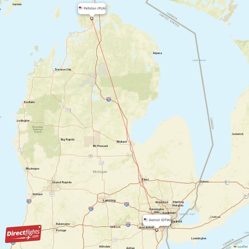 Pellston - Detroit direct flight map