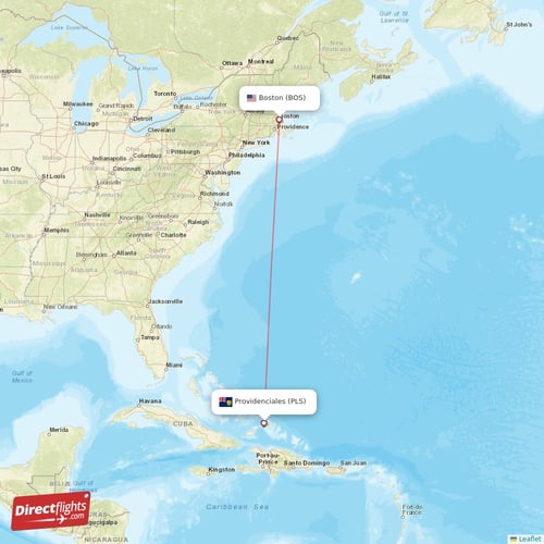 Providenciales - Boston direct flight map