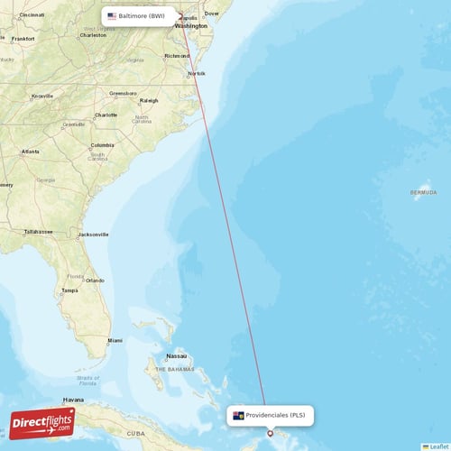 Providenciales - Baltimore direct flight map