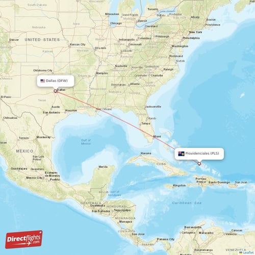 Providenciales - Dallas direct flight map