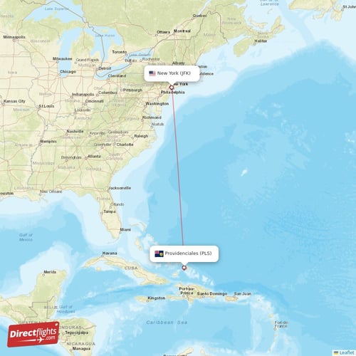 Providenciales - New York direct flight map