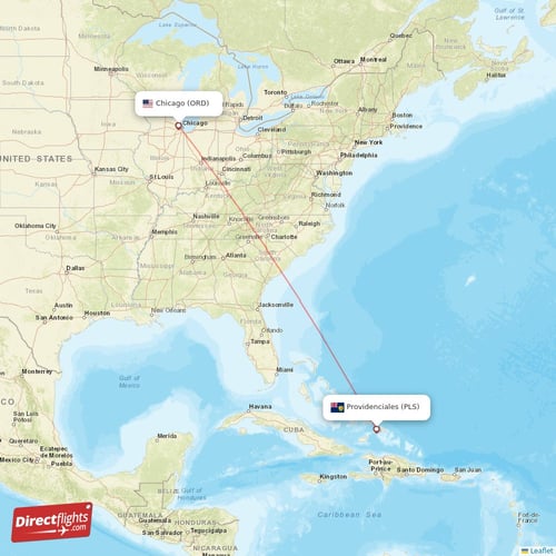 Providenciales - Chicago direct flight map