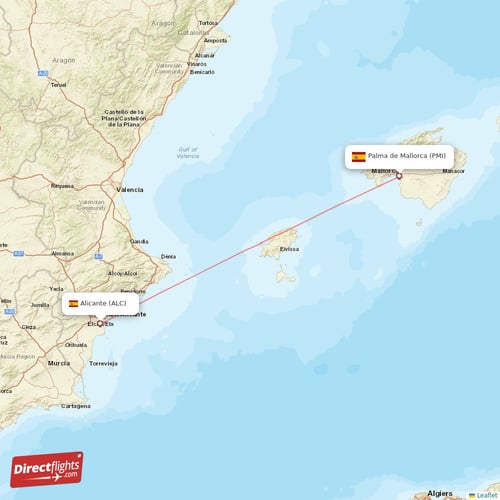 Palma de Mallorca - Alicante direct flight map