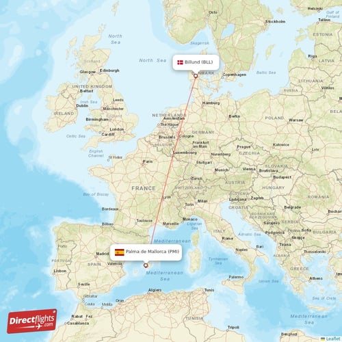 Palma de Mallorca - Billund direct flight map