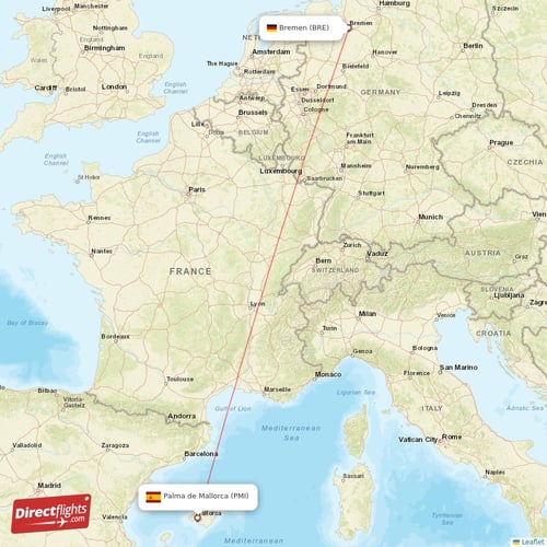 Palma de Mallorca - Bremen direct flight map