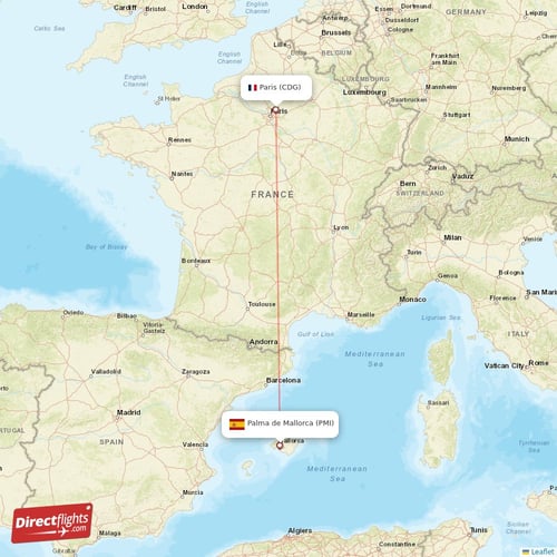 Palma de Mallorca - Paris direct flight map