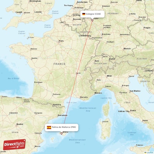 Palma de Mallorca - Cologne direct flight map