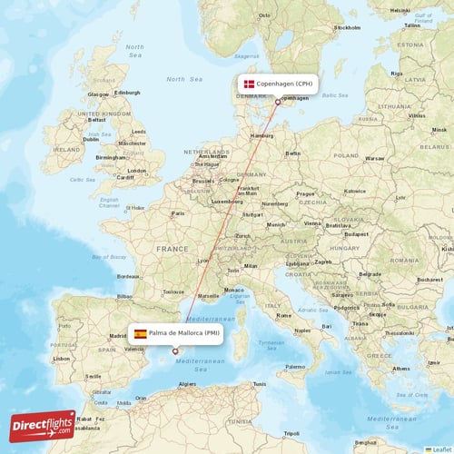 Palma de Mallorca - Copenhagen direct flight map