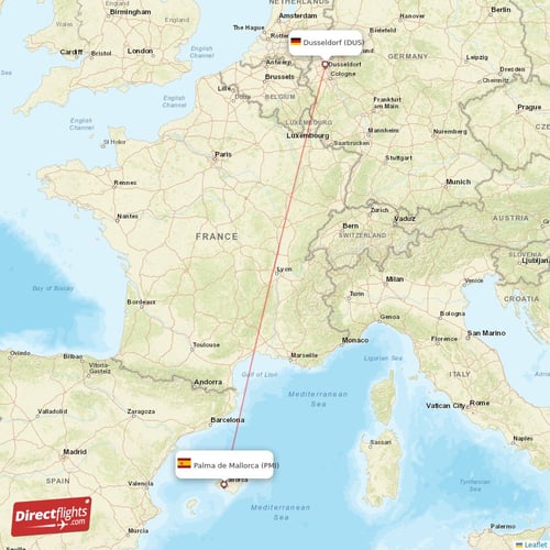 Palma de Mallorca - Dusseldorf direct flight map