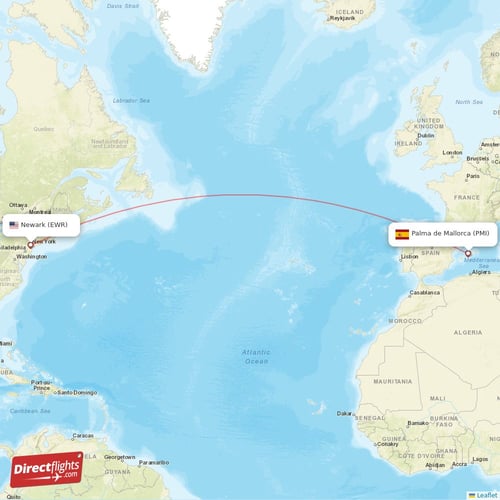 Palma de Mallorca - New York direct flight map