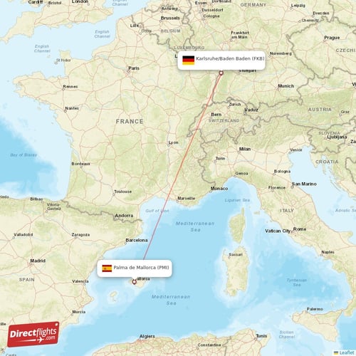 Palma de Mallorca - Karlsruhe/Baden-Baden direct flight map