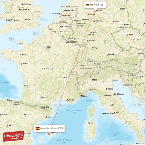 Palma de Mallorca - Hanover direct flight map