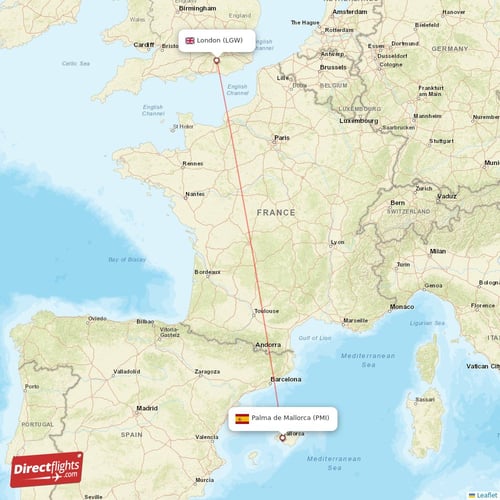 Palma de Mallorca - London direct flight map