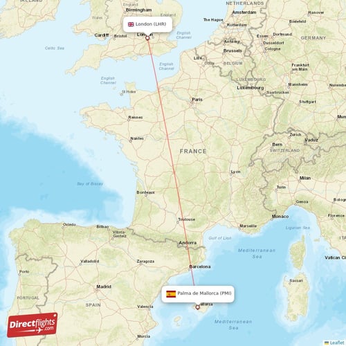 Palma de Mallorca - London direct flight map