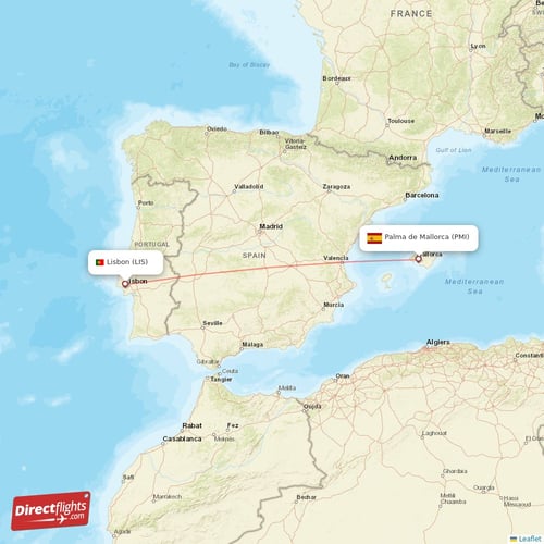 Palma de Mallorca - Lisbon direct flight map