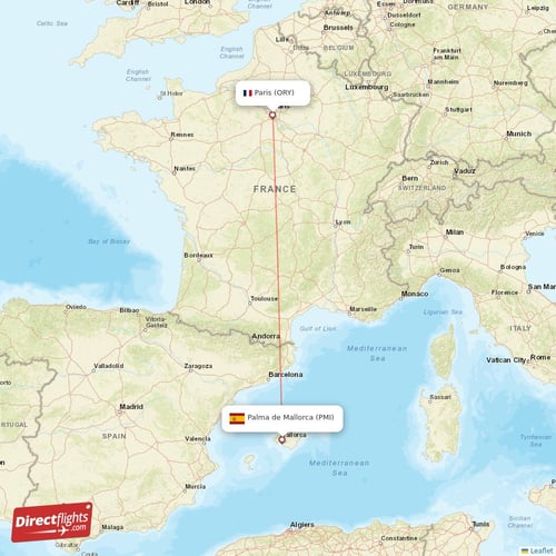 Palma de Mallorca - Paris direct flight map