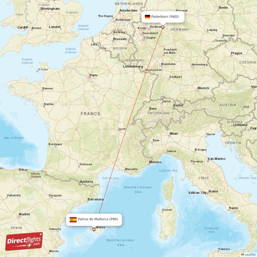 Palma de Mallorca - Paderborn direct flight map