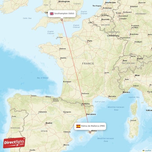 Palma de Mallorca - Southampton direct flight map