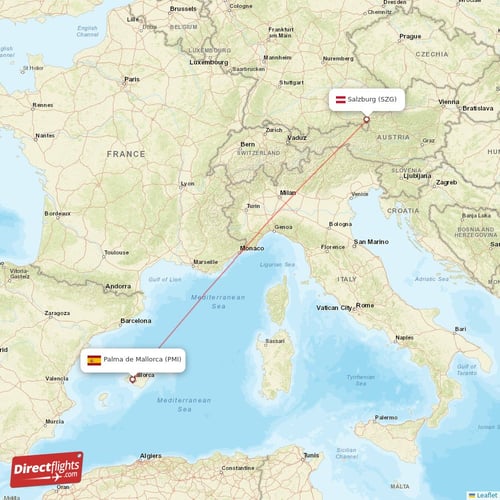 Palma de Mallorca - Salzburg direct flight map