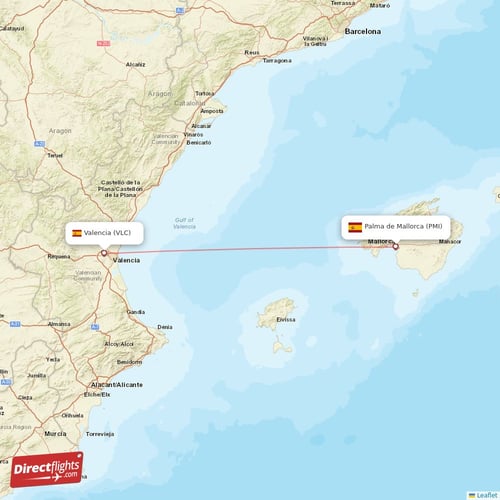 Palma de Mallorca - Valencia direct flight map