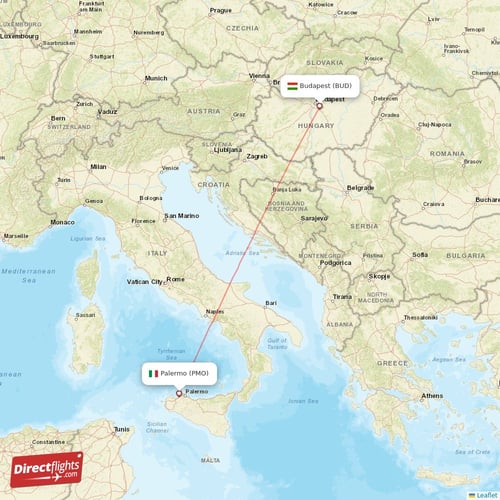 Palermo - Budapest direct flight map