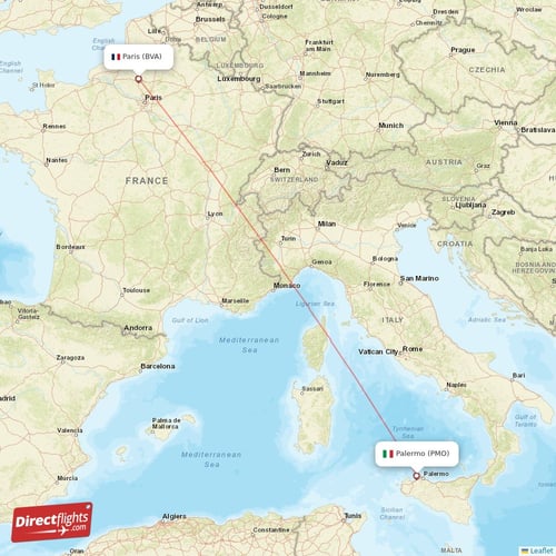 Palermo - Paris direct flight map