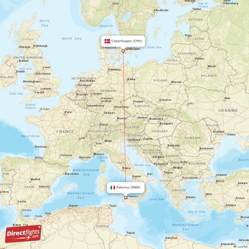 Palermo - Copenhagen direct flight map