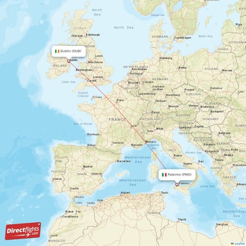 Palermo - Dublin direct flight map