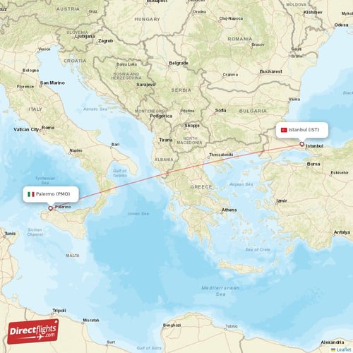 Palermo - Istanbul direct flight map